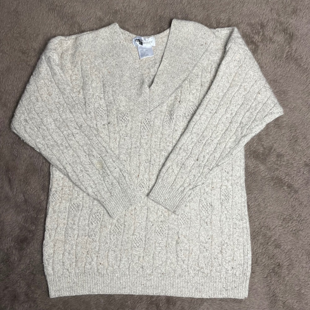Max Bradley Vintage Silk Lambswool Angora Cable Knit V-Neck Sweater Beige M/L